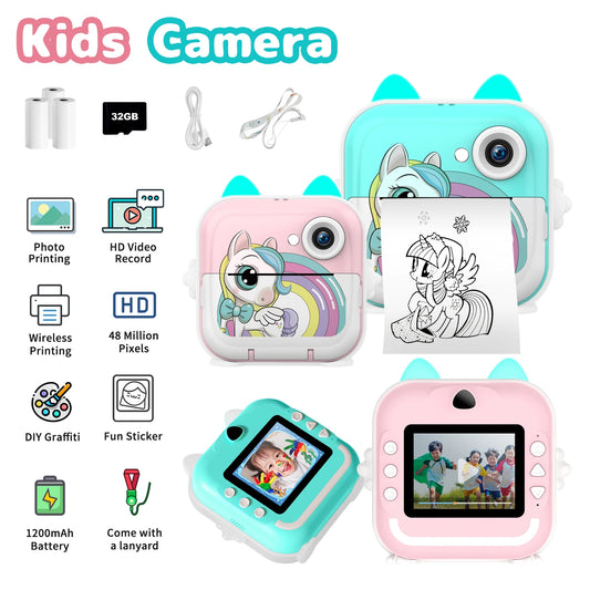 Kids Camera Instant Print Boys Girls Gift Children Digital Video Camera Photo Thermal Printing 32G Card Educational Toys